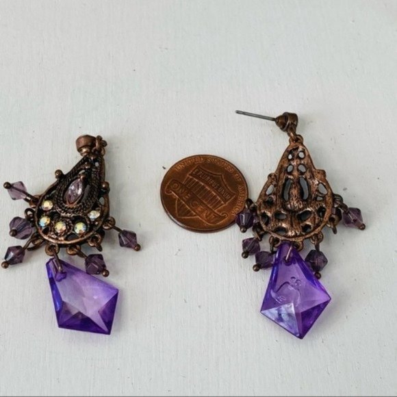Copper Tone Metal and Purple Crystal Chandelier Earrings - Picture 6 of 8